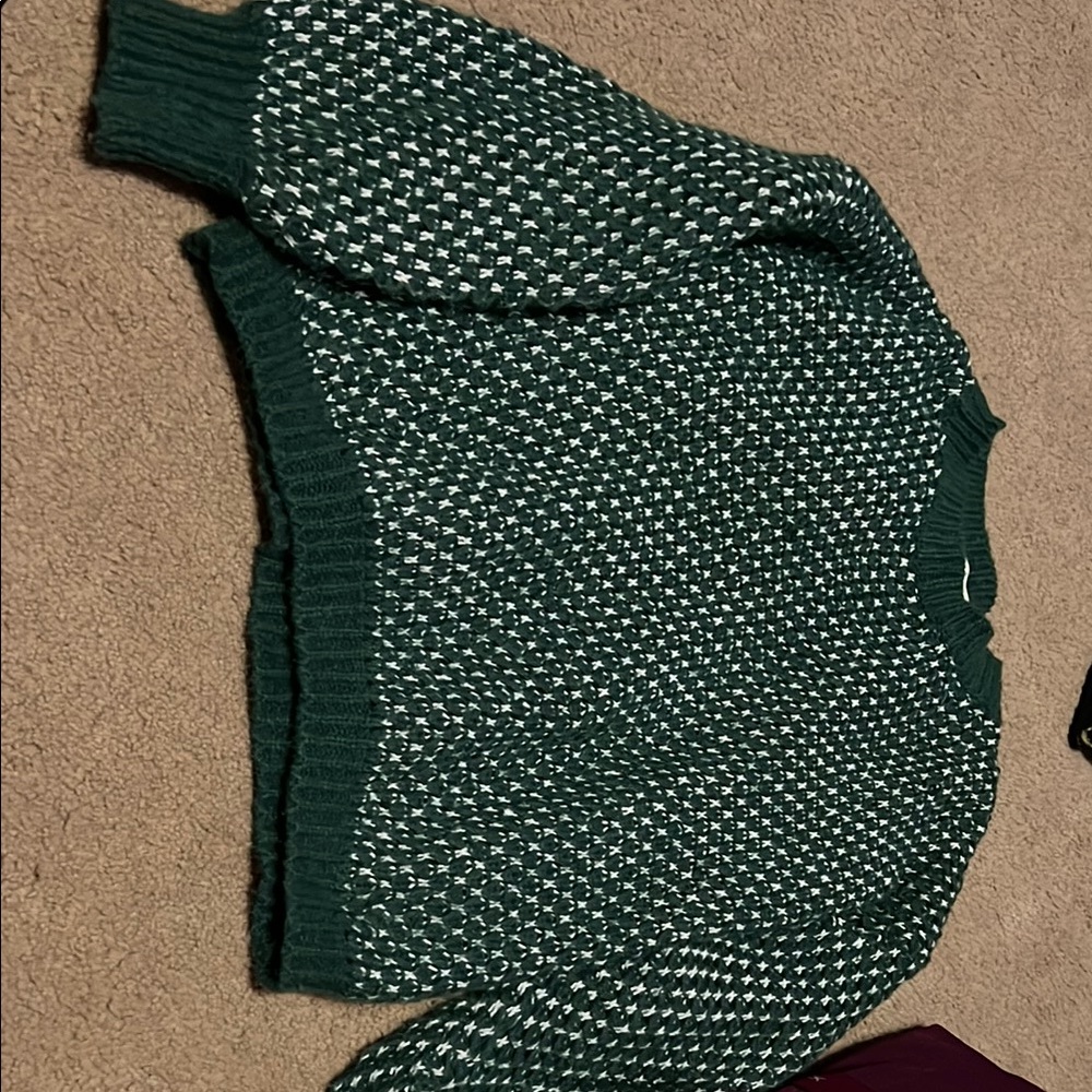 Impressions Green and White Crew Neck Sweater with Geometric Pattern